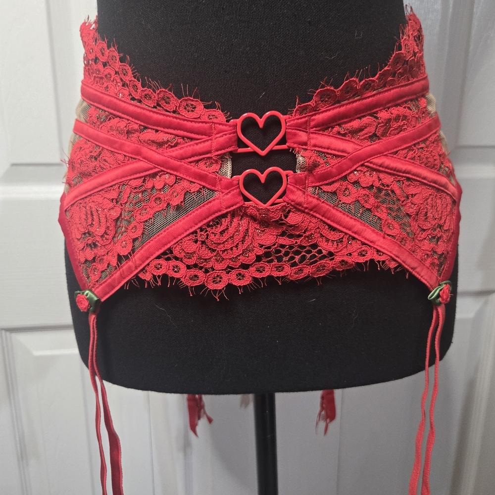 For Love and Lemons Red Lace Roses Garter Lingerie Sexy Valentine's Large Y2K